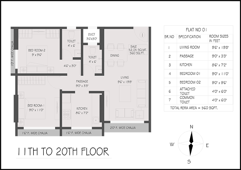 Typical Floor Plan — Flat No. 01, 560 sq ft