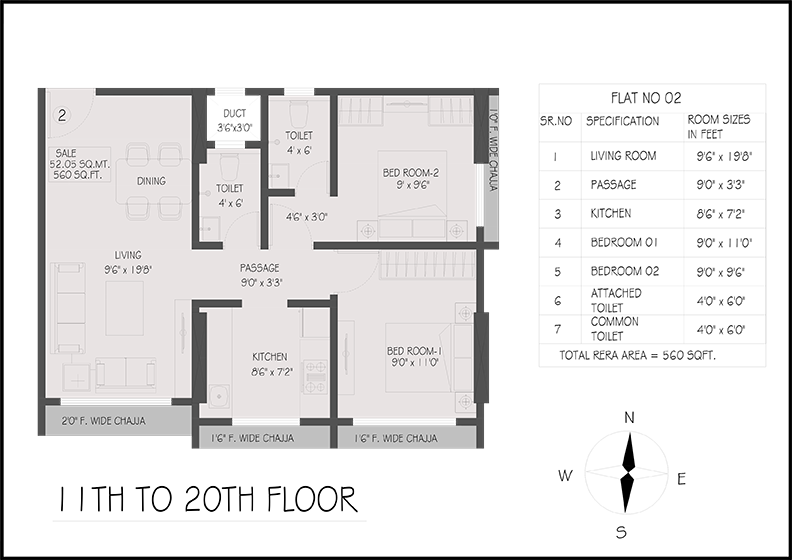 Typical Floor Plan — Flat No. 02, 560 sq ft
