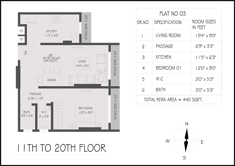 Typical Floor Plan — Flat No. 03, 440 sq ft