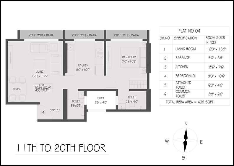 Typical Floor Plan — Flat No. 04, 439 sq ft