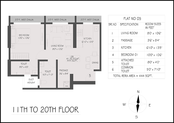 Typical Floor Plan — Flat No. 05, 444 sq ft